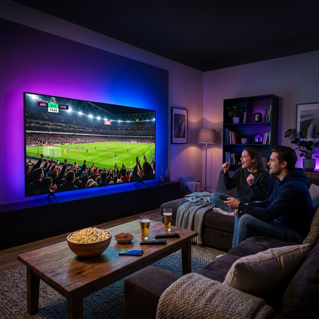 Sala de estar com Smart TV passando futebol via IPTV